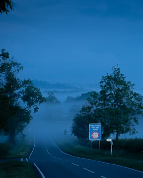 Road vanishing into fog